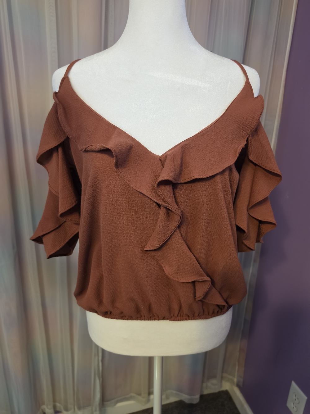 Moa Moa Rust Orange Ruffle Cold-Shoulder Faux Wrap Ruffled Crop Top Size Small